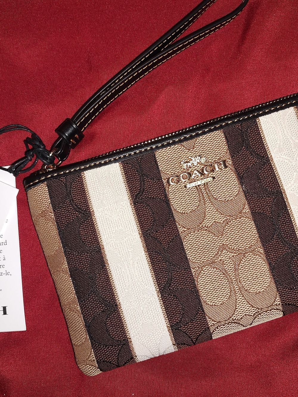 Coach Striped Signature Wristlet in Brown & Cream